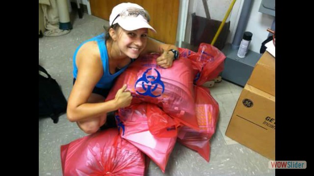 Nadya disposing E. coli biohazard bags